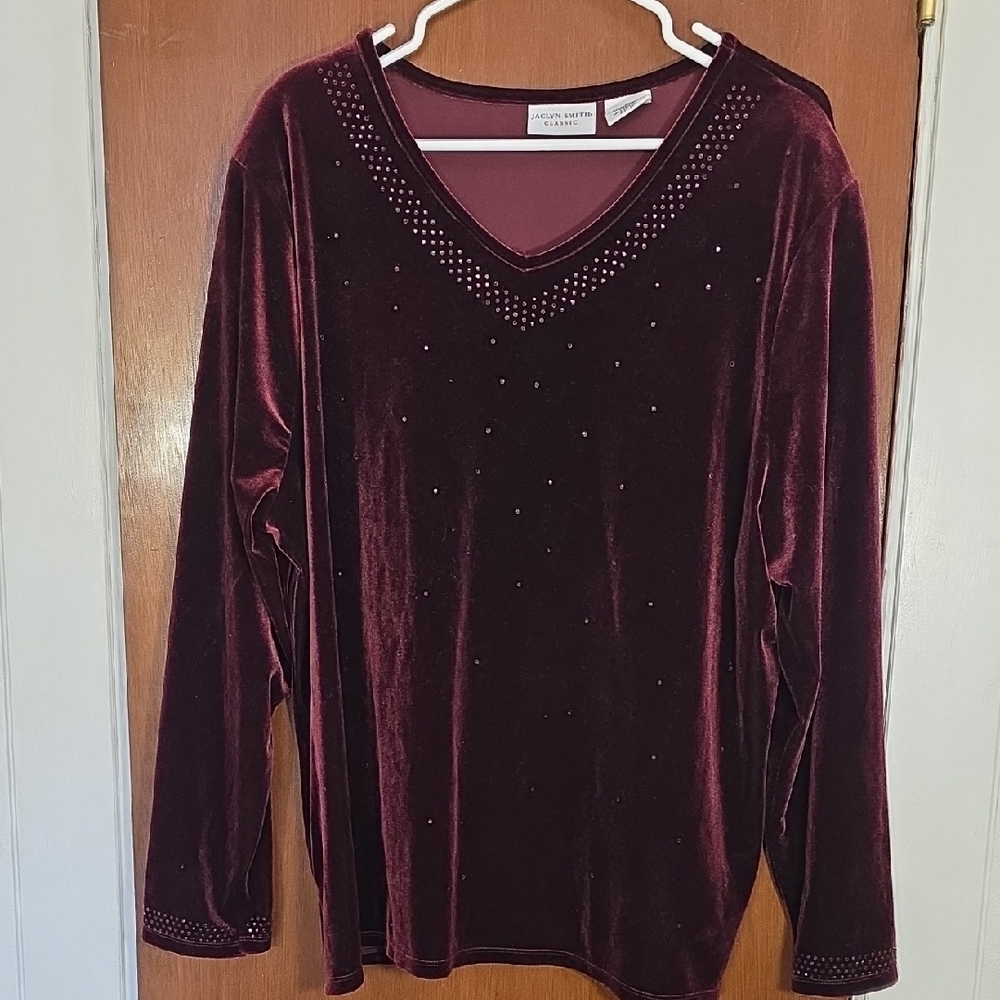Jaclyn Smith Velvet Long Sleeve V-neck Top with Rhinestone Accents